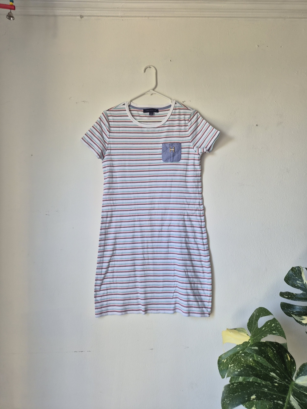 Tommy Hilfiger White Striped T-Shirt Dress with Blue Pocket